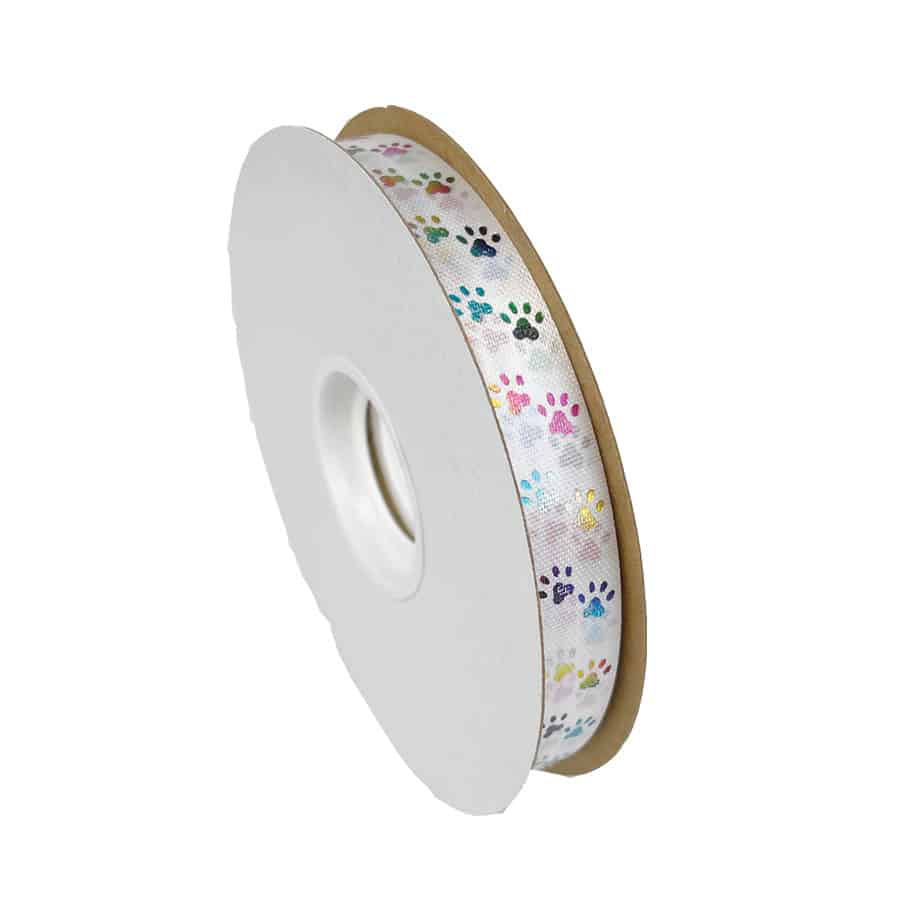 White Rainbow Confetti Paw Prints Ribbon 50 YD Roll