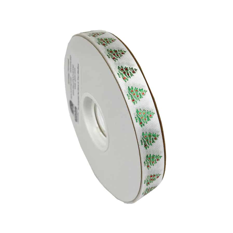 White with Holiday Trees Christmas Ribbon Roll