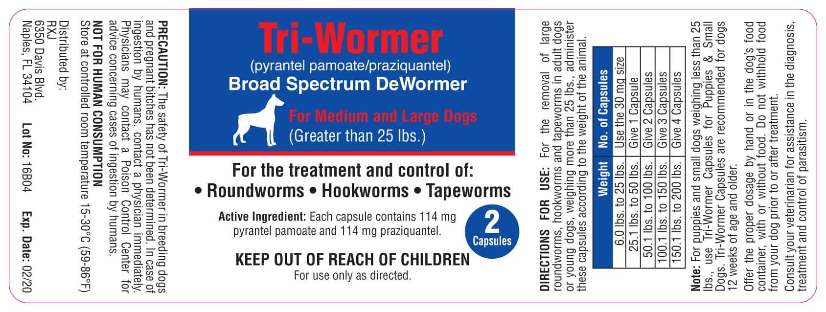 Tri-Wormer Capsules For Dogs 25 lbs and Over 2 Ct