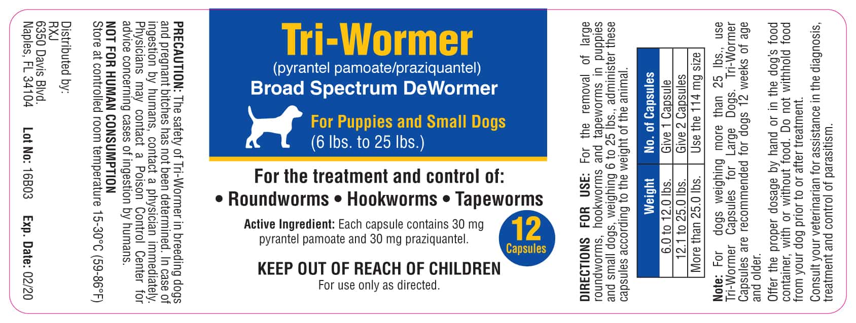 Tri-Wormer Capsules for Dogs 6-25 lbs 12 Ct