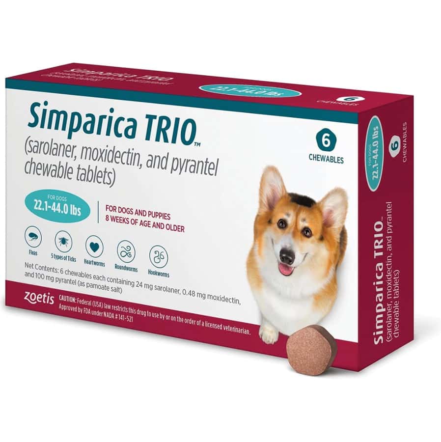 Simparica Trio Chewable Tablets for Dogs 22.1-44 lbs 6 Pack