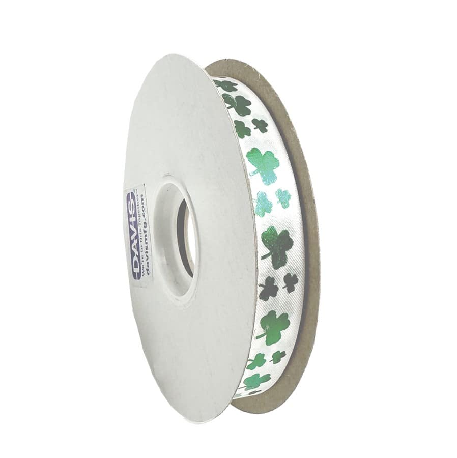 White St. Patrick's Day Ribbon with Shamrocks 50 YD Roll